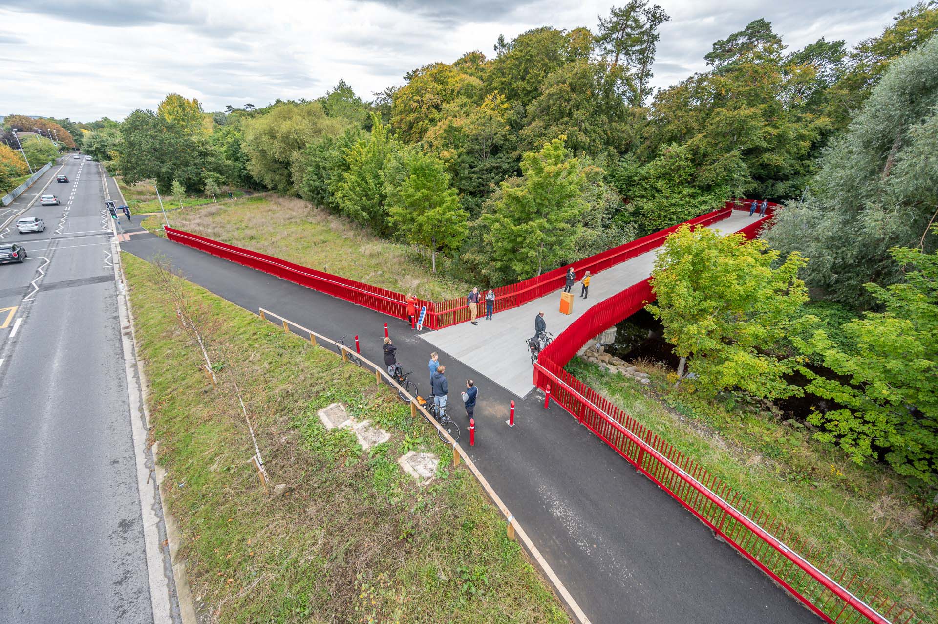 Aerial view of Dodder Greenway pedestrian and cycle bridge in South Dublin County
