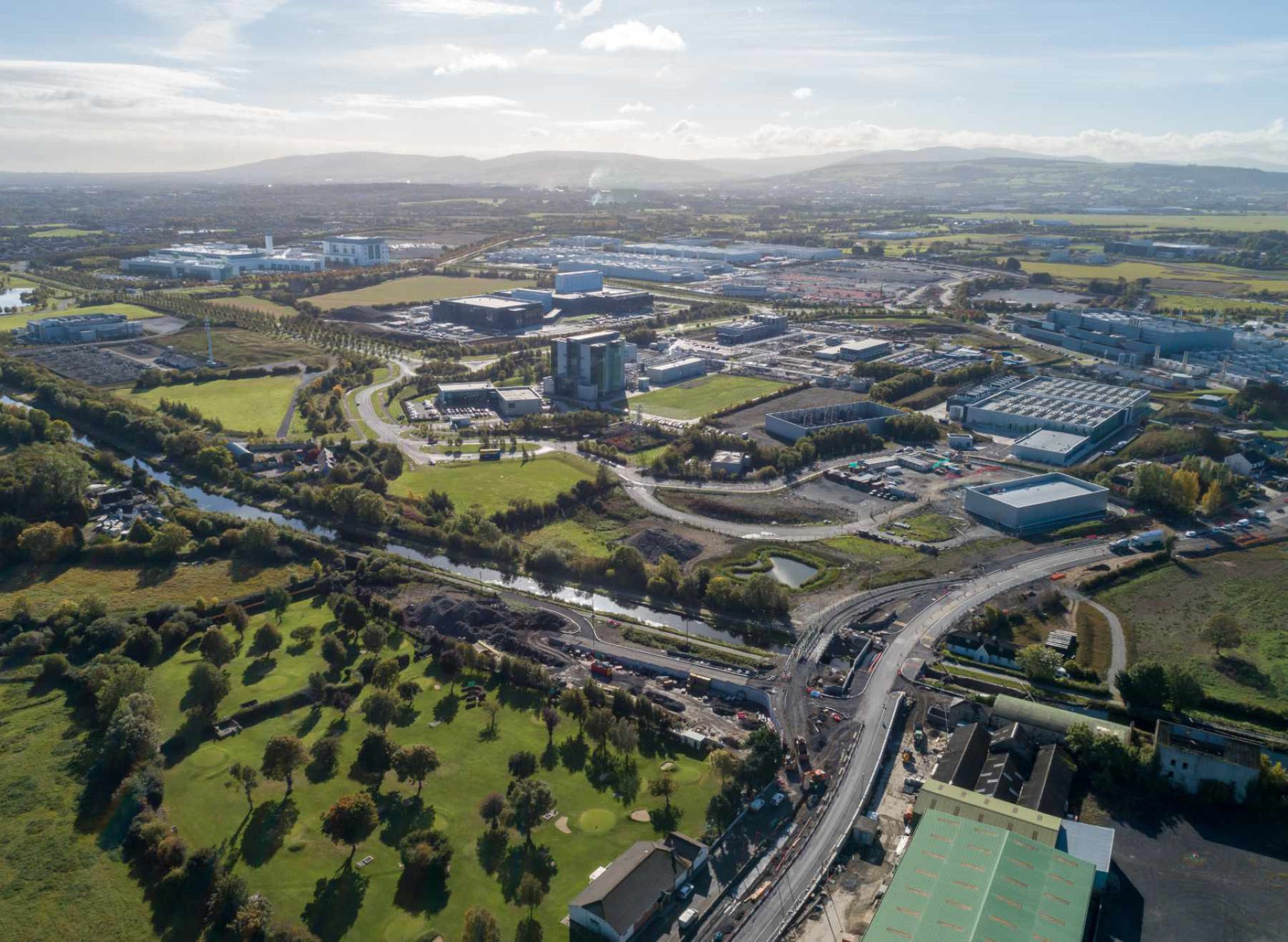 Aerial view of South Dublin County showing parks, river corridors, roads and business parks