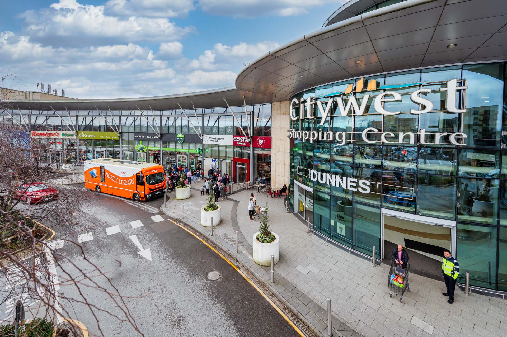 South Dublin County Council mobile library outside Citywest Shopping Centre with visitors